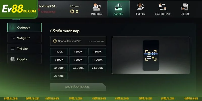 Nhà cái EV88 hỗ trợ đa phương thức nạp tiền cho hội viên. 